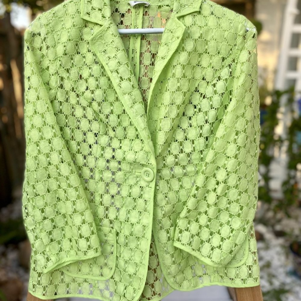 Chico's Jacket Lime Green Lace Cut Out Sheer Button Up 3/4 Sleeves